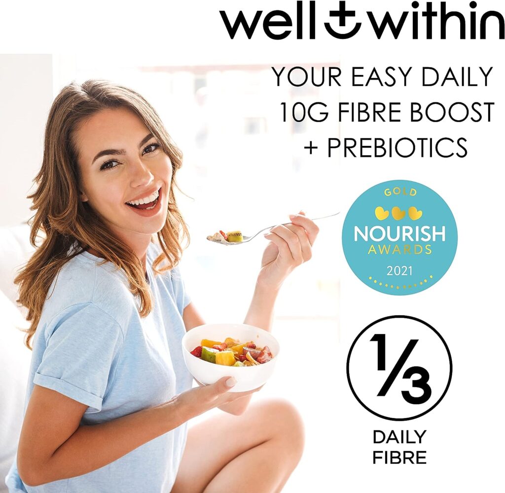 10g Fibre Supplement Prebiotic Powder, 1/3 NHS Daily Fibre, 10,000mg Insoluble Soluble Fibre, 4 Types (200g Bag, 30 x 5g Fiber) Well Within Gut Health Supplement, Fibre Powder for Men, Women, Kids