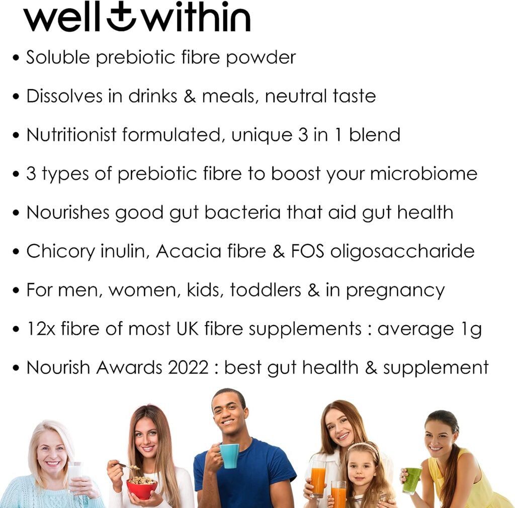 12g Soluble Fibre Supplement Prebiotics for Gut Health Powder 12,000mg, 40% NHS Daily Fibre Intake (200g Bag, 30 x 6g Fiber) 3in1 Fiber Powder : FOS Acacia Inulin. Pre Biotic Drink for Women Men Kids