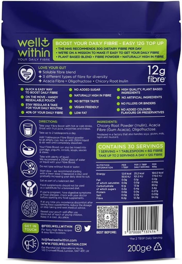 12g Soluble Fibre Supplement Prebiotics for Gut Health Powder 12,000mg, 40% NHS Daily Fibre Intake (200g Bag, 30 x 6g Fiber) 3in1 Fiber Powder : FOS Acacia Inulin. Pre Biotic Drink for Women Men Kids