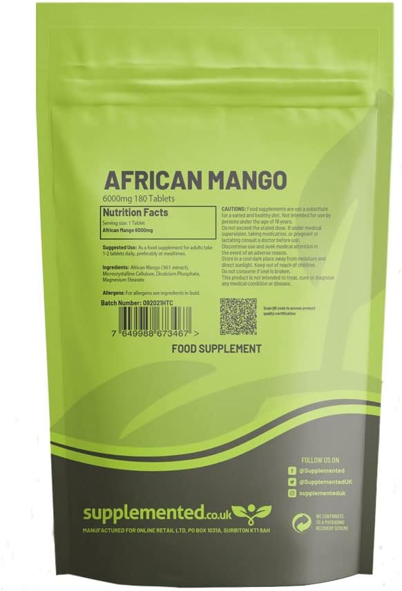 African Mango Extract 6000mg 180 Tablets High Fibre Dietary Weight Supplement UK Made Vegan Pharmaceutical Grade