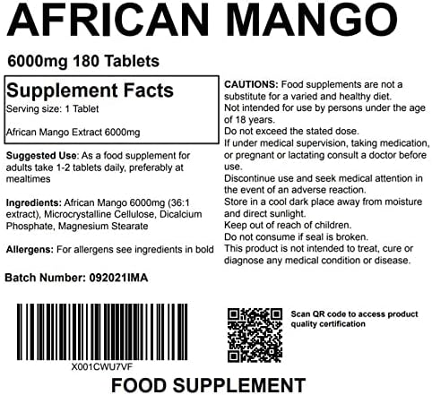 African Mango Extract 6000mg 180 Tablets High Fibre Dietary Weight Supplement UK Made Vegan Pharmaceutical Grade