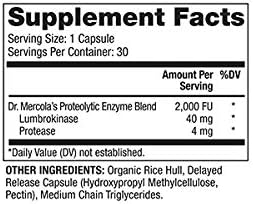Dr. Mercola Lumbrokinase Enzymes Dietary Supplement, 30 Servings (30 Capsules), Supports Cognitive and Cardiovascular Health, Non GMO, Soy Free, Gluten Free