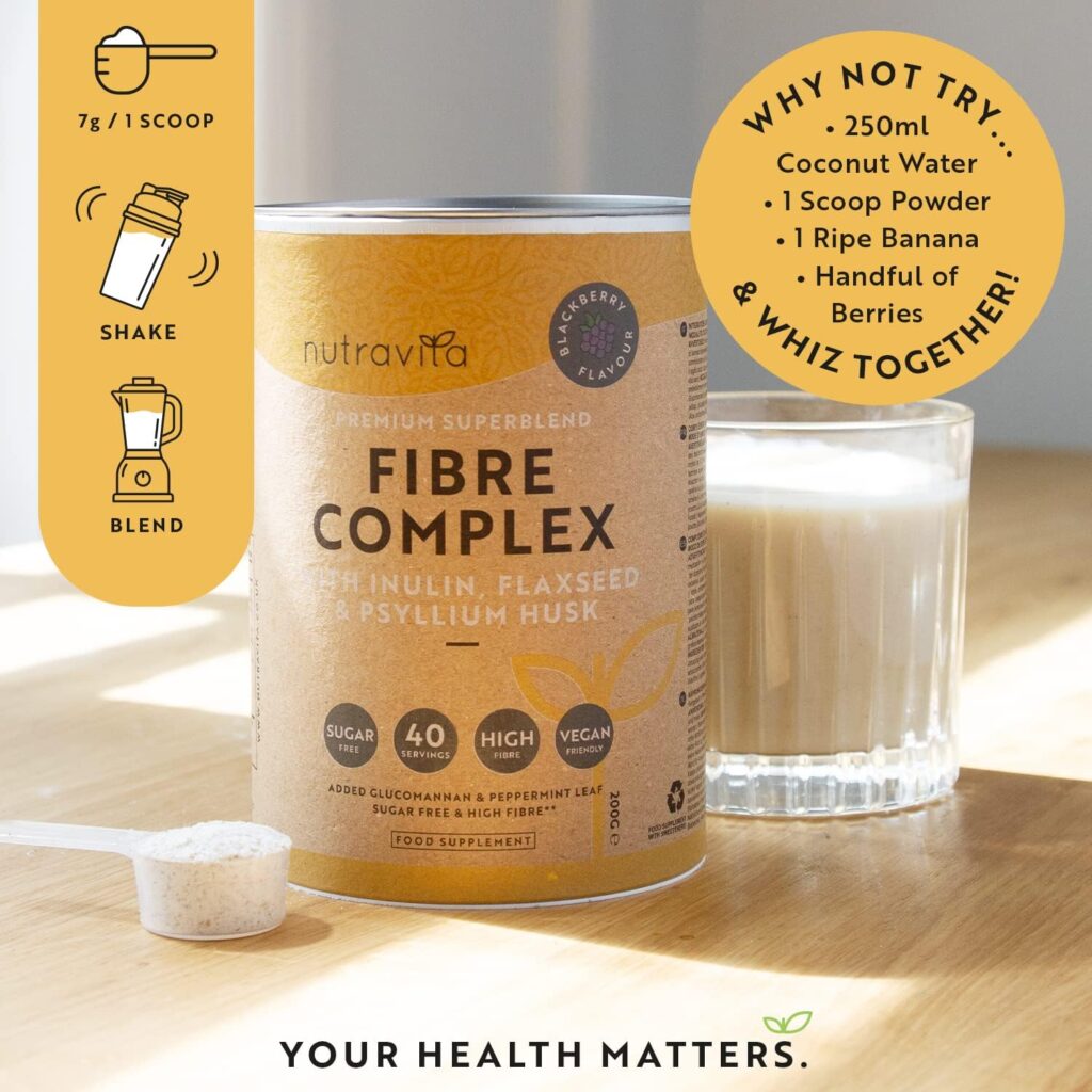 Fibre Complex Powder - BlackBerry Flavour - Premium Vegan Fibre Supplement with Inulin, Flaxseed and Psyllium Husk - High in Soluble Dietary Fibre to Support Daily Rhythm and Gut Health - Nutravita