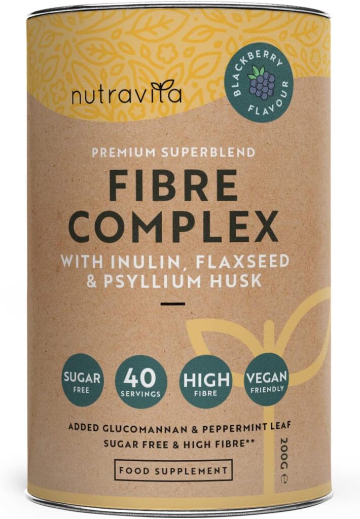 Fibre Complex Powder - BlackBerry Flavour - Premium Vegan Fibre Supplement with Inulin, Flaxseed and Psyllium Husk - High in Soluble Dietary Fibre to Support Daily Rhythm and Gut Health - Nutravita