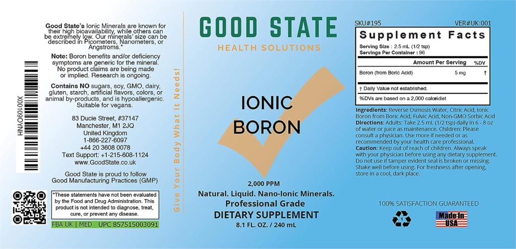 Good State | Liquid Ionic Boron | Dietary Supplement | Great for Enhanced Muscle Coordination | 120 Servings at 5 Mg | 8 Fl oz Bottle