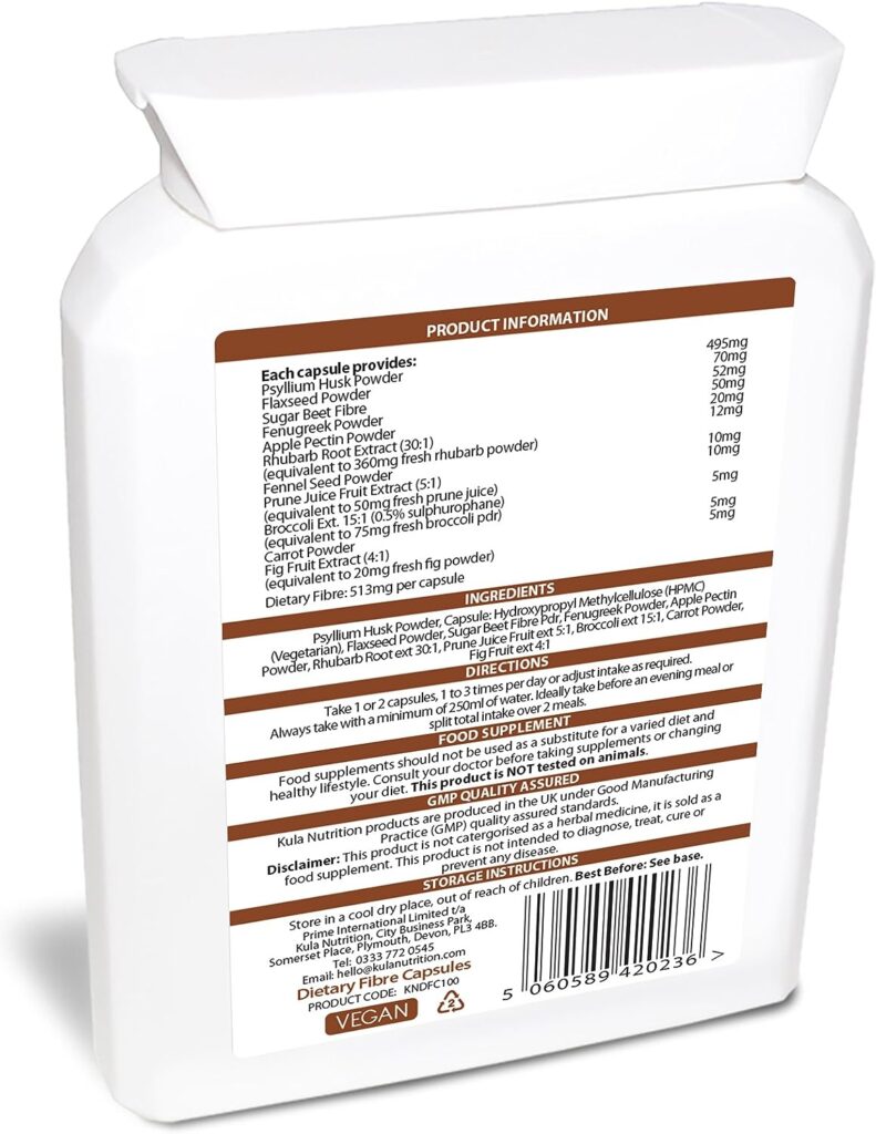 High Fibre Supplement (1026mg per Serving) - 100 Vegan Capsules - Soluble and Insoluble Dietary Fibre Complex - Psyllium Husk Powder, Flaxseed - Fibre Supports Daily Bowel Movements - Kula Nutrition