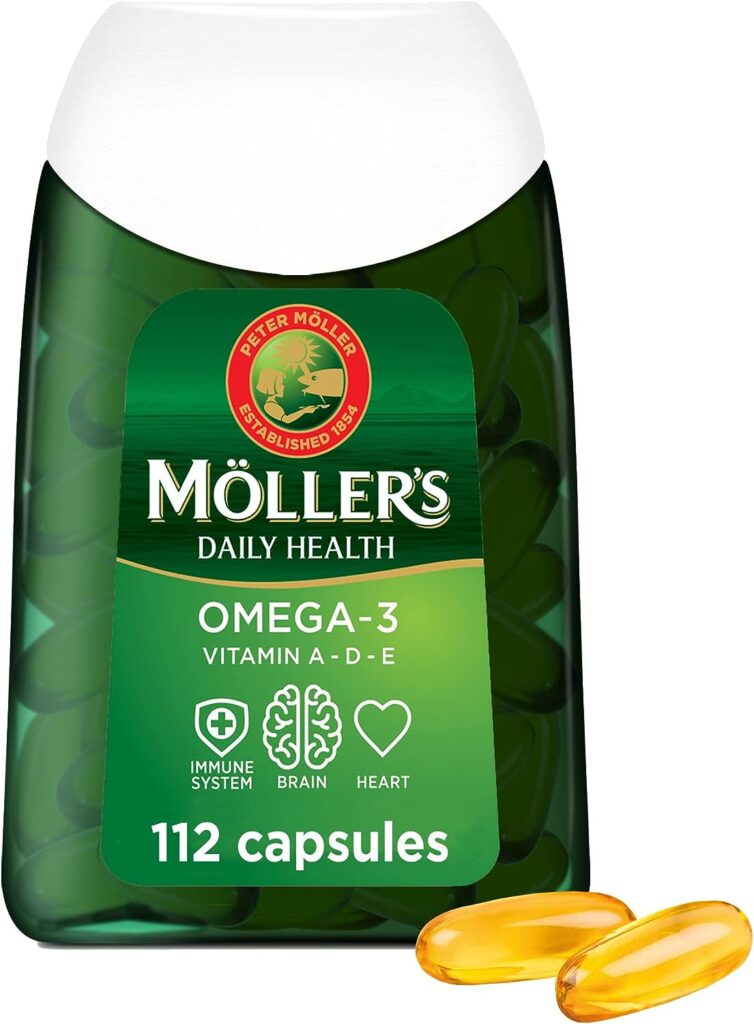 Moller’s ® | Omega-3 Capsules | Fish Oil | Nordic Omega-3 Dietary Supplement with EPA and DHA and Vitamins A, D and E | 166-year-old-brand | Daily Health | 112 Capsules
