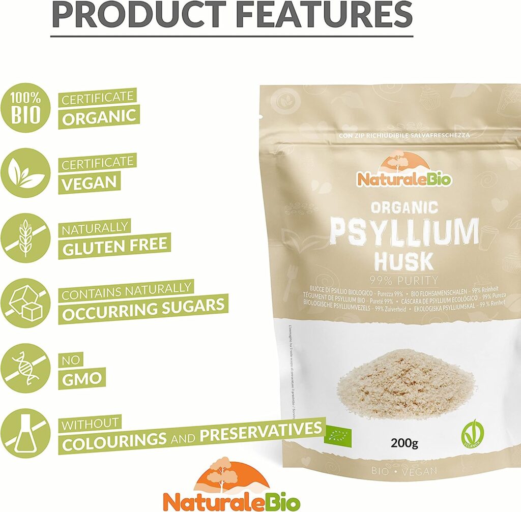 Organic Psyllium Husk - 99% Purity - 200g. Pure Natural Psyllium Seed Husks, Produced in India. High in Fibre, to be Mixed with Water, Beverages, Juices, Vegetarian Vegan. NaturaleBio