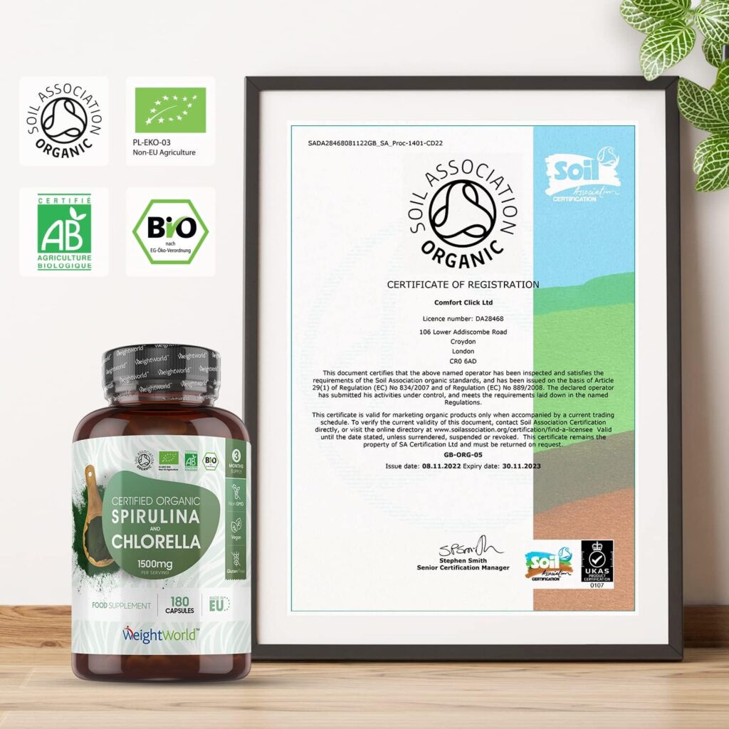 Organic Spirulina and Chlorella Capsules - 2250mg Per 3 Spirulina Chlorella Powder Capsules - 180 Vegan Superfood - Soil Association Certified Alkaline Supplement - Made in The EU