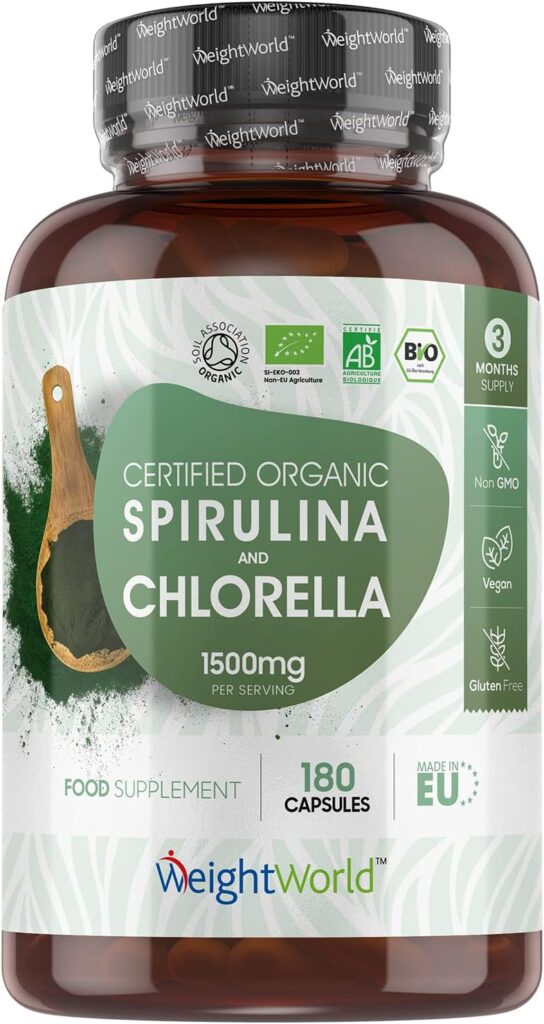 Organic Spirulina and Chlorella Capsules - 2250mg Per 3 Spirulina Chlorella Powder Capsules - 180 Vegan Superfood - Soil Association Certified Alkaline Supplement - Made in The EU