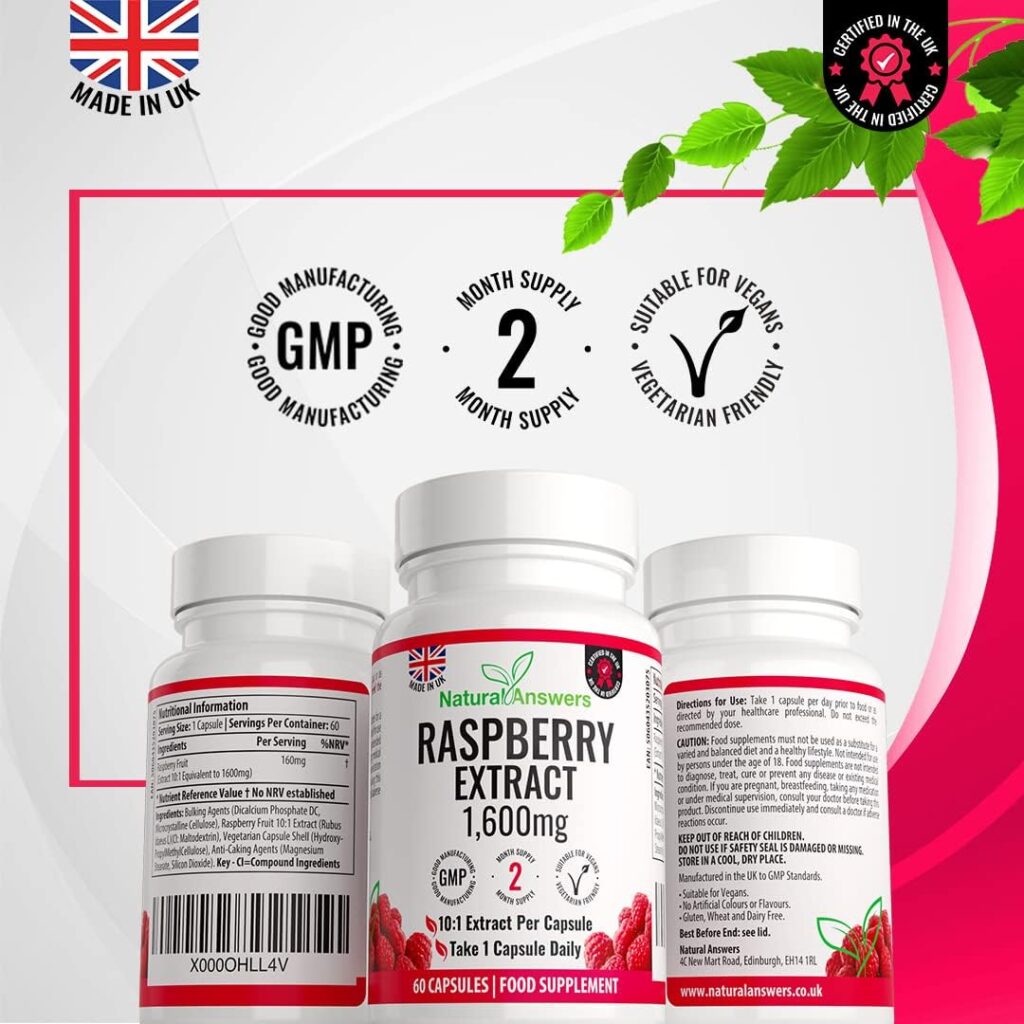 Raspberry Extract 1600mg - Vegan Vegetarian Friendly, Low Carb, Max Strength Ketones Supplements - Made in The UK (60 Capsules)