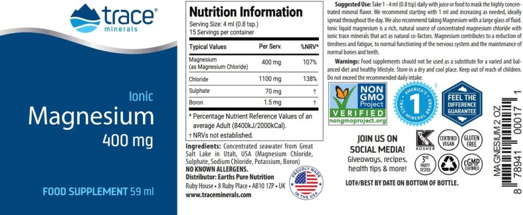 Trace Minerals Liquid Ionic Magnesium Supplement - 2Fl Oz Low Sodium Dietary Supplement - Ultra-Concentrated 400mg Magnesium