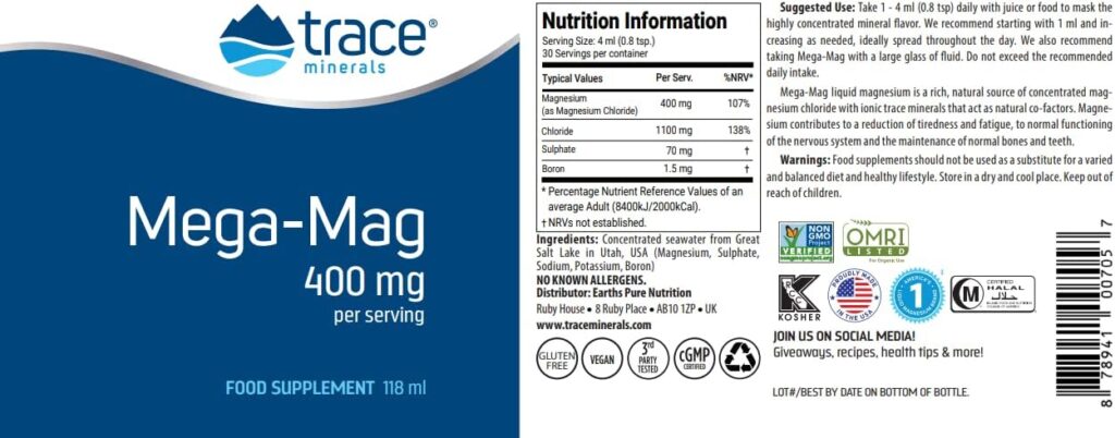 Trace Minerals Mega-Mag Magnesium Supplement - 4Fl Oz Low Sodium Dietary Supplement - Ultra-Concentrated 400mg