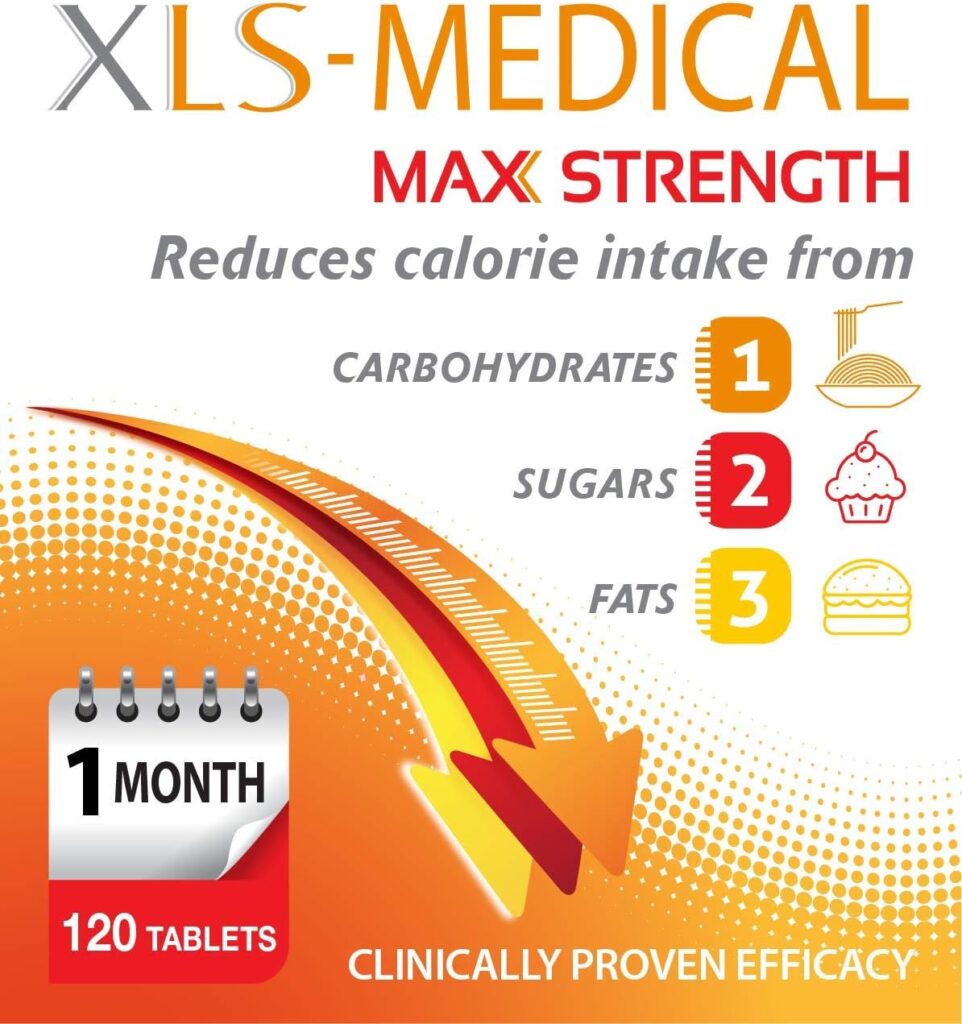 XLS Medical Max Strength Tablets - Reduce Calorie Intake from Carbohydrates, Sugars and Fats - Weight Loss Aid - 120 Tablets, 30 Days Treatment