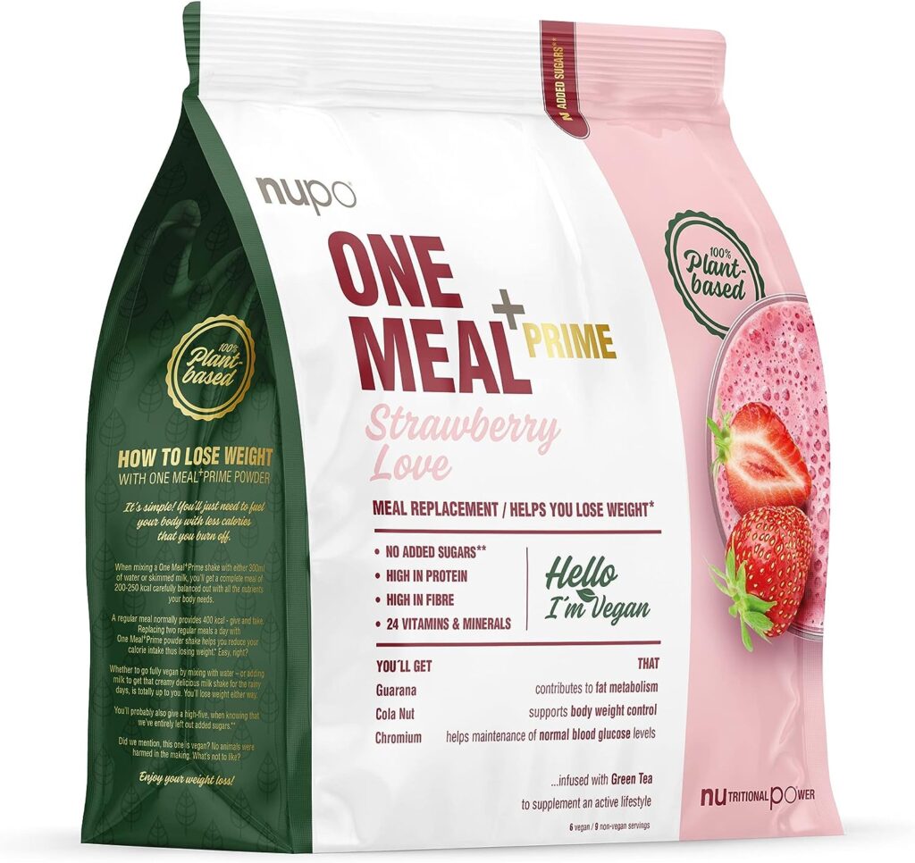 NUPO One Meal + Prime Vegan Powder - Strawberry Love I Tasty meal replacement shakes for a balanced diet plan I High in protein I No added sugars I 24 vitamins and minerals I 360g