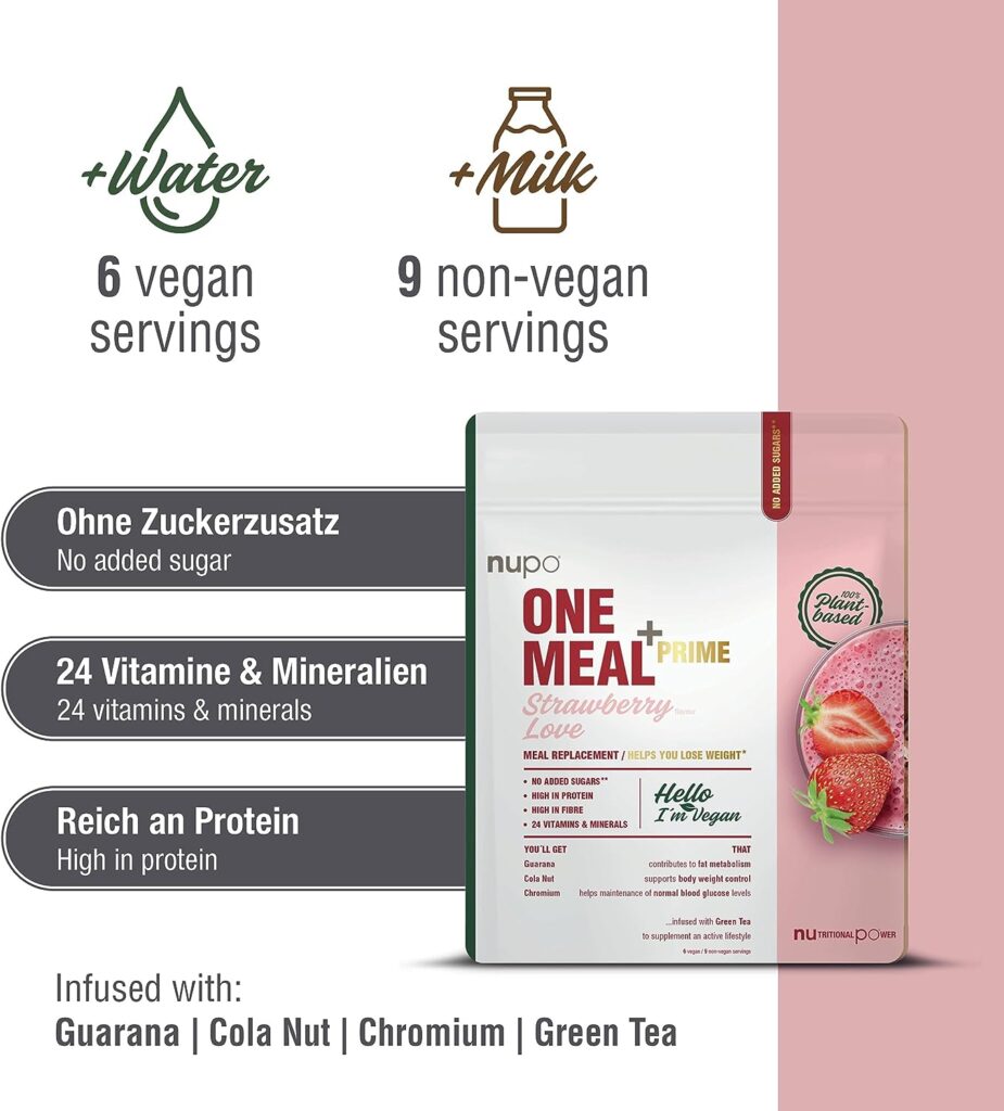 NUPO One Meal + Prime Vegan Powder - Strawberry Love I Tasty meal replacement shakes for a balanced diet plan I High in protein I No added sugars I 24 vitamins and minerals I 360g