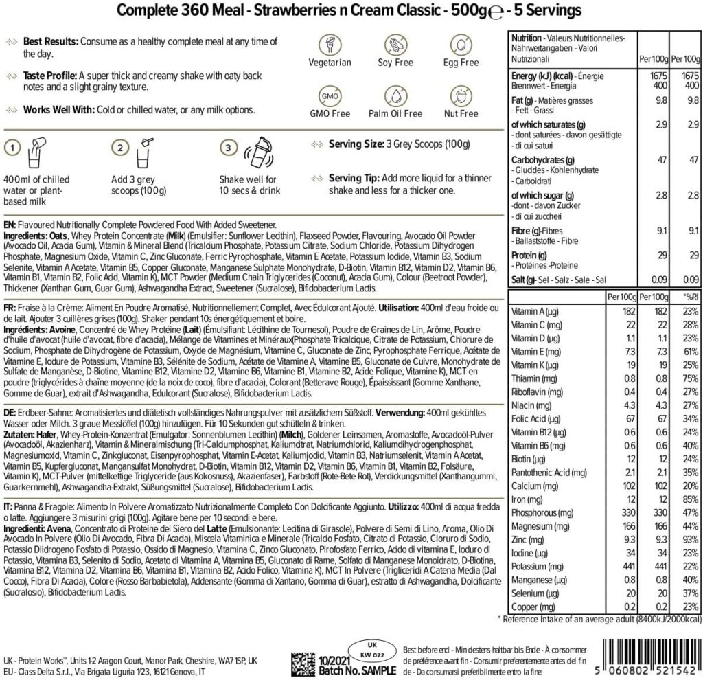 Protein Works - Complete 360 Meal Shake | 400 Calorie Meal Replacement Shake | High Protein Meal | 5 Servings | Strawberries n Cream Classic | 500g