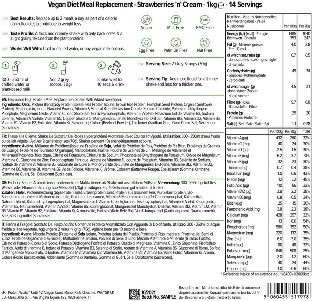 Protein Works - Vegan Diet Meal Replacement Shake | Nutritionally Complete 250 Calorie Meal | Vegan Meal Shake | Plant Based Meal | 14 Servings | Strawberries n Cream | 1kg