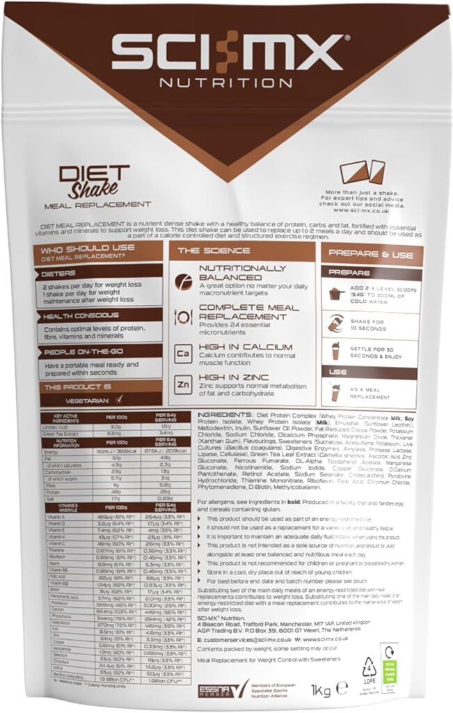 SCI-MX Diet Meal Replacement Shake - Chocolate Flavour - Comprehensive Formula for Weight Loss + 24 Essential Micronutrients - Non-GMO - 1KG (18 servings) 209 calories 26g of protein per serving