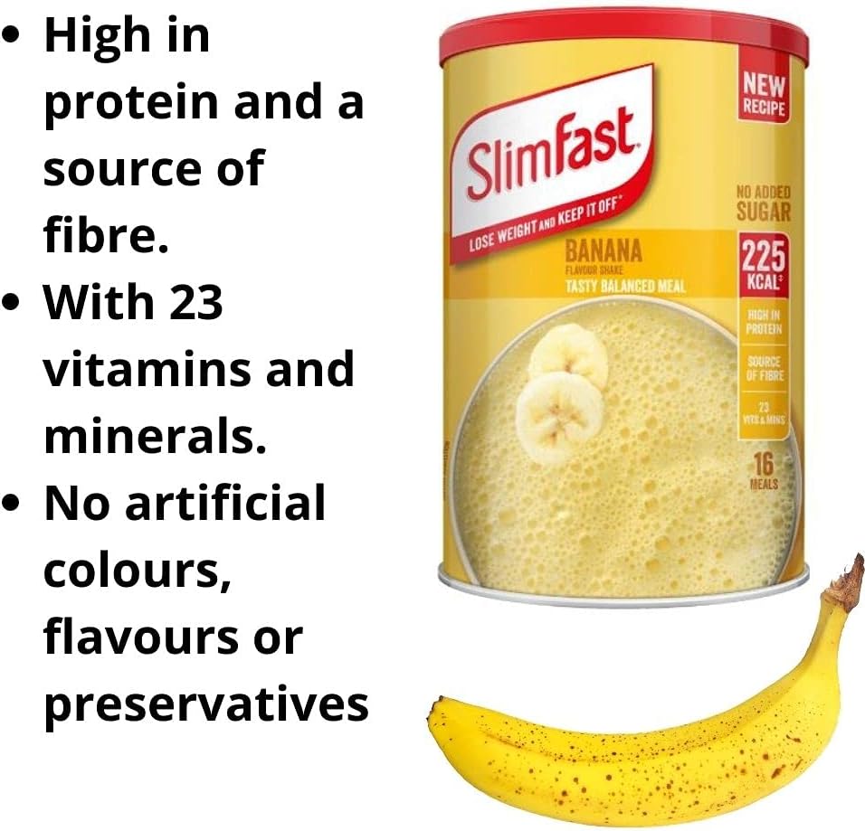 Slim Fast Banana Flavour Shake Powder 584g - 16 Servings Balanced Meal Replacement 225kcal, Rich In Protein, Fibre, 23 Vitamins And Minerals