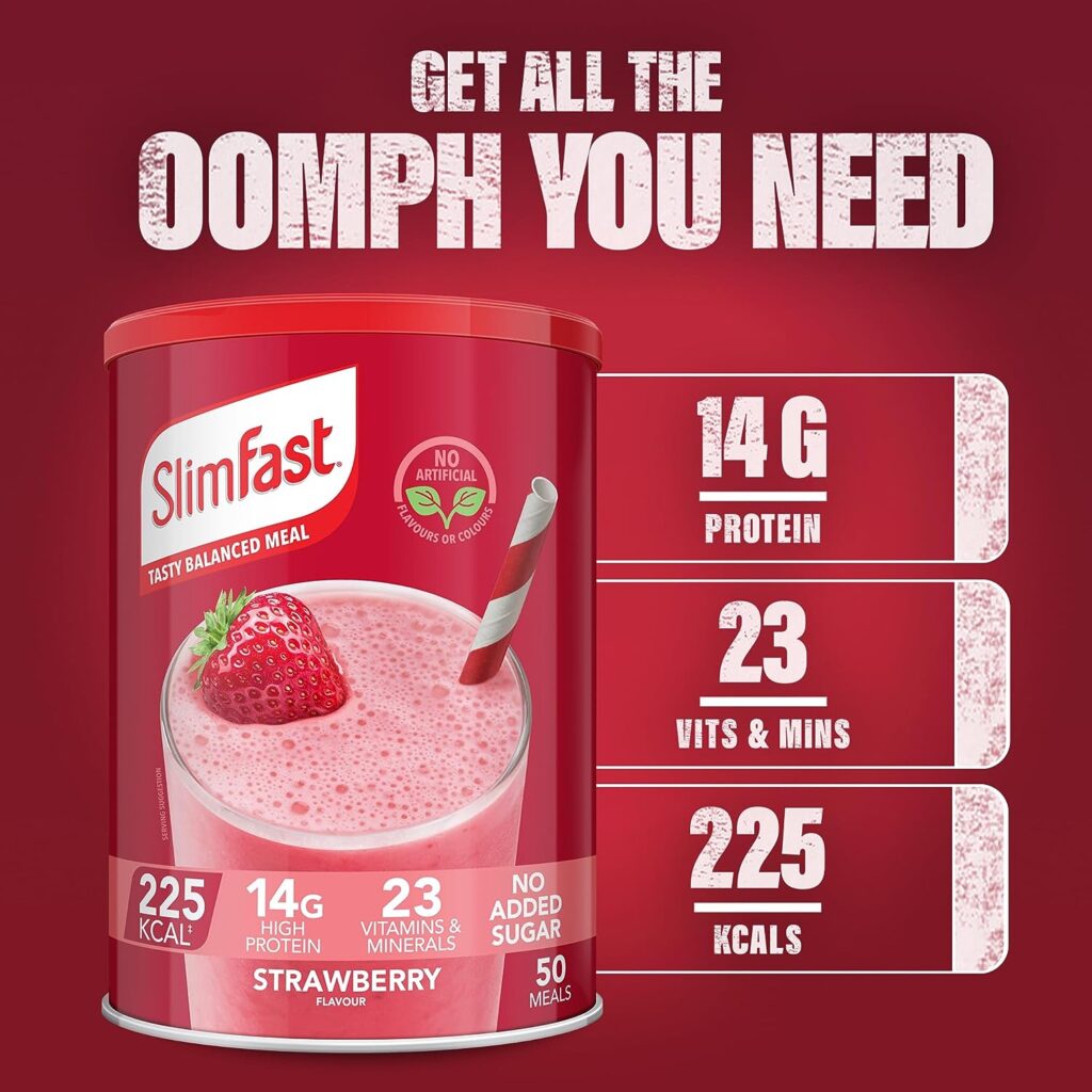 SlimFast Healthy Shake For Balanced Diet Plan With VitamIns And Minerals, High In Fibre, Meal Replacement, Strawberry Flavour, 50 ServIngs, 1.825 kg