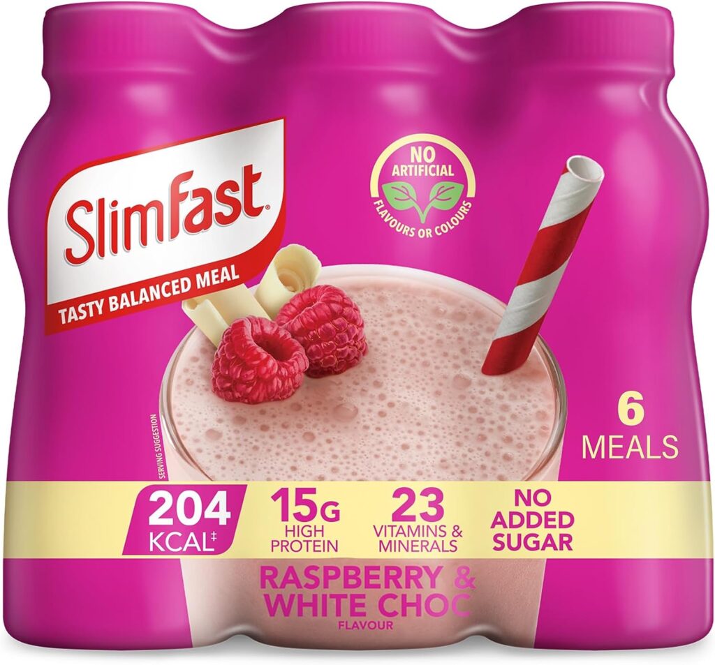 SlimFast Ready To Drink Shake, Tasty, Balanced Shake with 15g protein, 23 Vitamins and Minerals and No Sugar, White Chocolate Raspberry Flavour, 6 x 325 ml Multipack