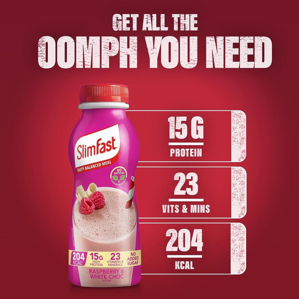 SlimFast Ready To Drink Shake, Tasty, Balanced Shake with 15g protein, 23 Vitamins and Minerals and No Sugar, White Chocolate Raspberry Flavour, 6 x 325 ml Multipack