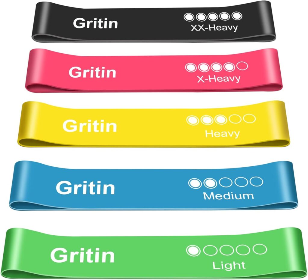 Gritin Resistance Bands, [Set of 5] Skin-Friendly Resistance Fitness Exercise Loop Bands with 5 Different Resistance Levels - Carrying Case Included - Ideal for Home, Gym, Yoga, Training