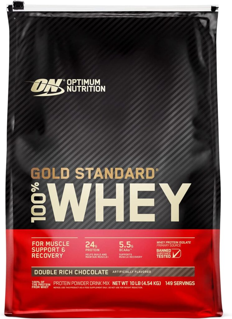 Optimum Nutrition Gold Standard 100% Whey Muscle Building and Recovery Protein Powder With Naturally Occurring Glutamine and BCAA Amino Acids, Double Rich Chocolate Flavour, 146 Servings, 4.53 kg