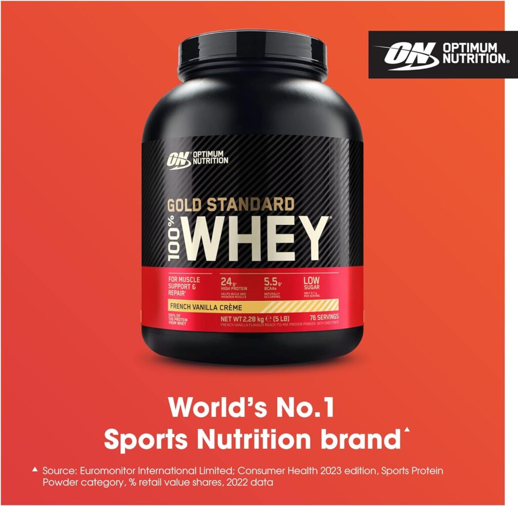 Optimum Nutrition Gold Standard Whey Muscle Building and Recovery Protein Powder With Naturally Occurring Glutamine and Amino Acids, French Vanilla Crème, 76 Servings, 2.28kg, Packaging May Vary