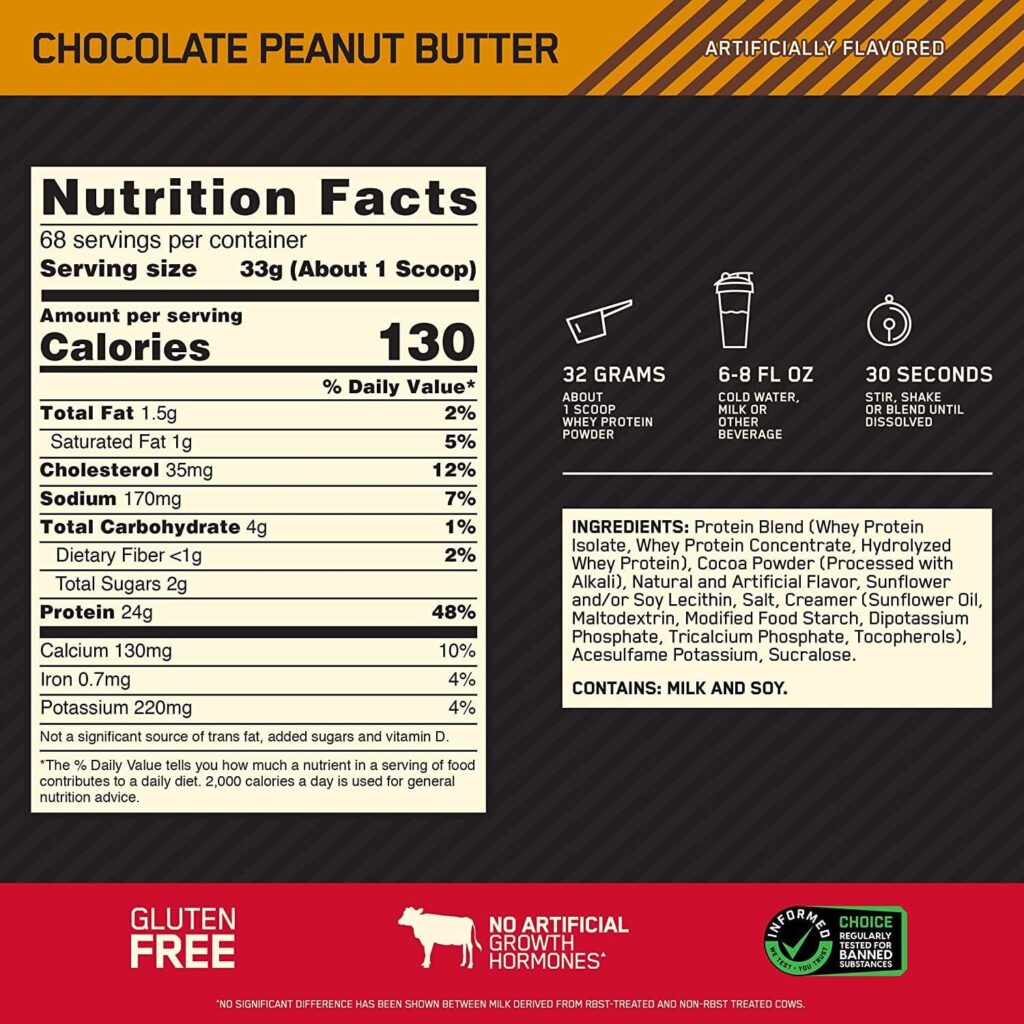 Optimum Nutrition Gold Standard Whey Protein, Muscle Building Powder With Naturally Occurring Glutamine and Amino Acids, Chocolate Peanut Butter, 71 Servings, 2.27kg, Packaging May Vary