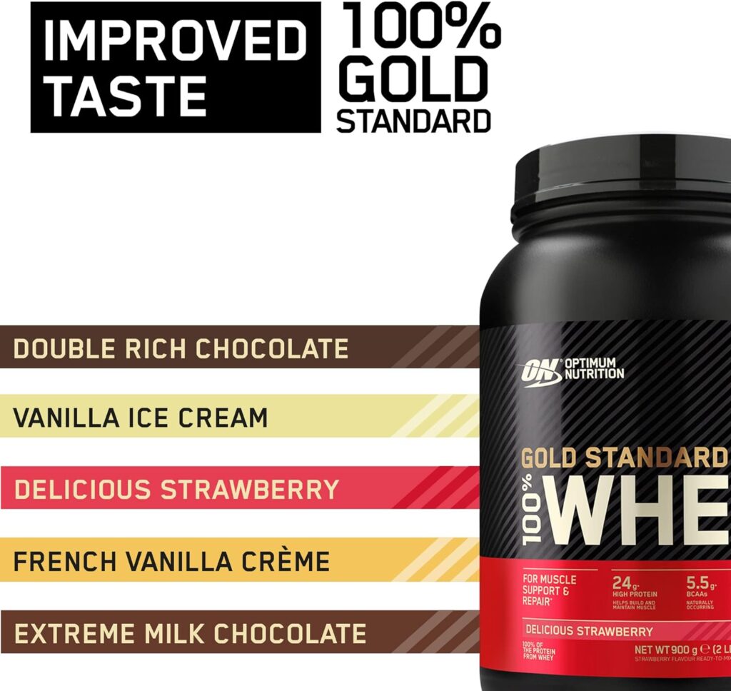 Optimum Nutrition Gold Standard Whey Protein, Muscle Building Powder With Naturally Occurring Glutamine and Amino Acids, Delicious Strawberry, 30 Servings, 900g, Packaging May Vary