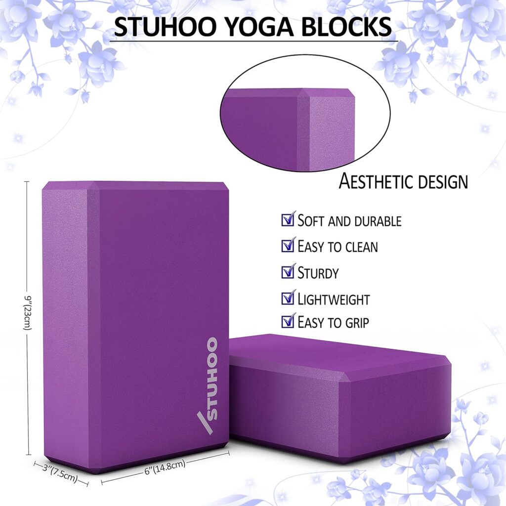 STUHOO Yoga Block Set of 2 and Yoga Strap Includes Descriptive E-book for Beginners Sturdy Yoga Brick Lightweight Eva Foam Block Support Deepen Poses, Provides Strength Stability for Pilates Practice