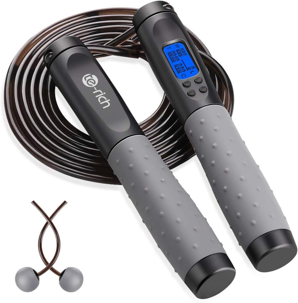 Te-Rich Skipping Rope Adult Fitness, Digital Speed Jump Rope with Counter [Ropeless for Indoor Use] for Women Men and Kids, Weighted Handles, Adjustable Rope, Exercise Equipment for Crossfit Boxing