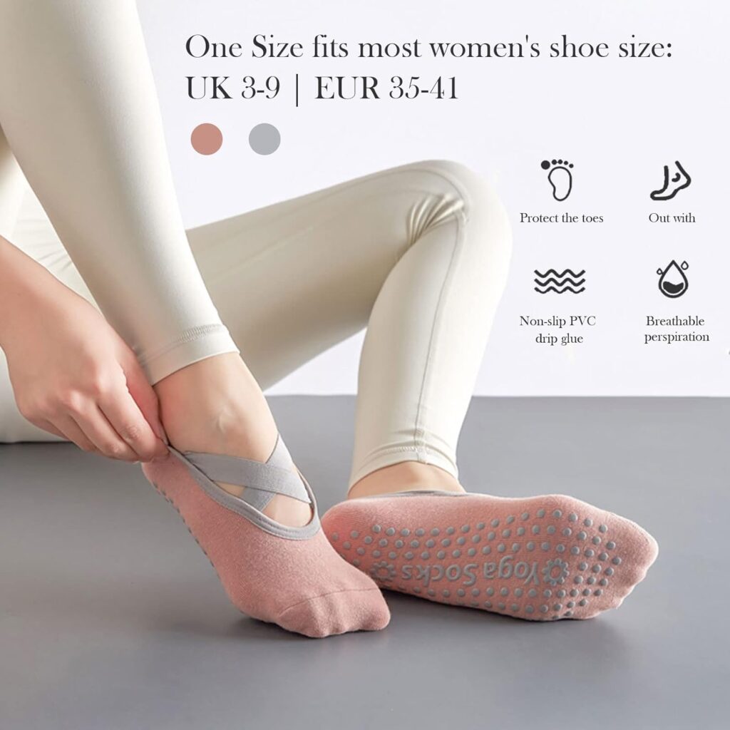 TSHAOUN 2 Pairs Non-Slip Yoga Socks, Pilates Socks for Women Cotton Dance Barre Socks, Gym Socks Fall Prevention Grip Socks, Ideal for Pilates, Fitness, Ballet, Home Workout
