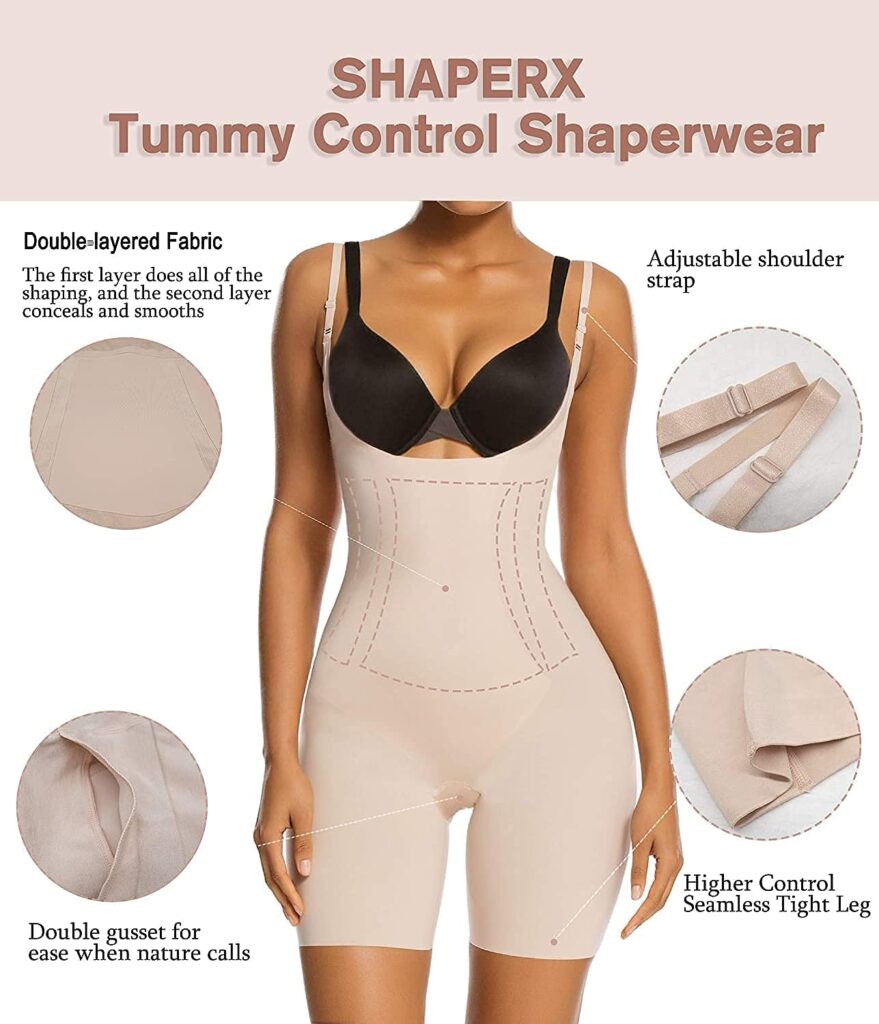 SHAPERX Women Body Shaper Tummy Control Seamless Shapewear Open Bust Mid-Thigh Bodysuit Shorts