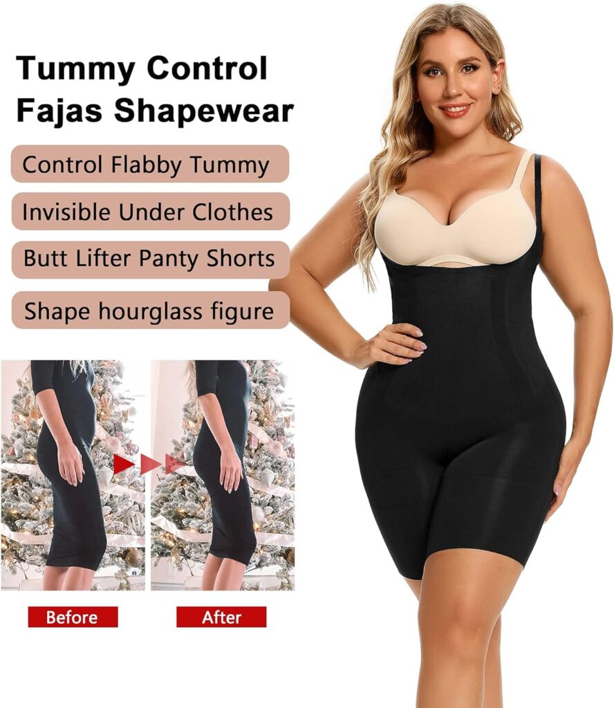 SHAPERX Women Body Shaper Tummy Control Seamless Shapewear Open Bust Mid-Thigh Bodysuit Shorts