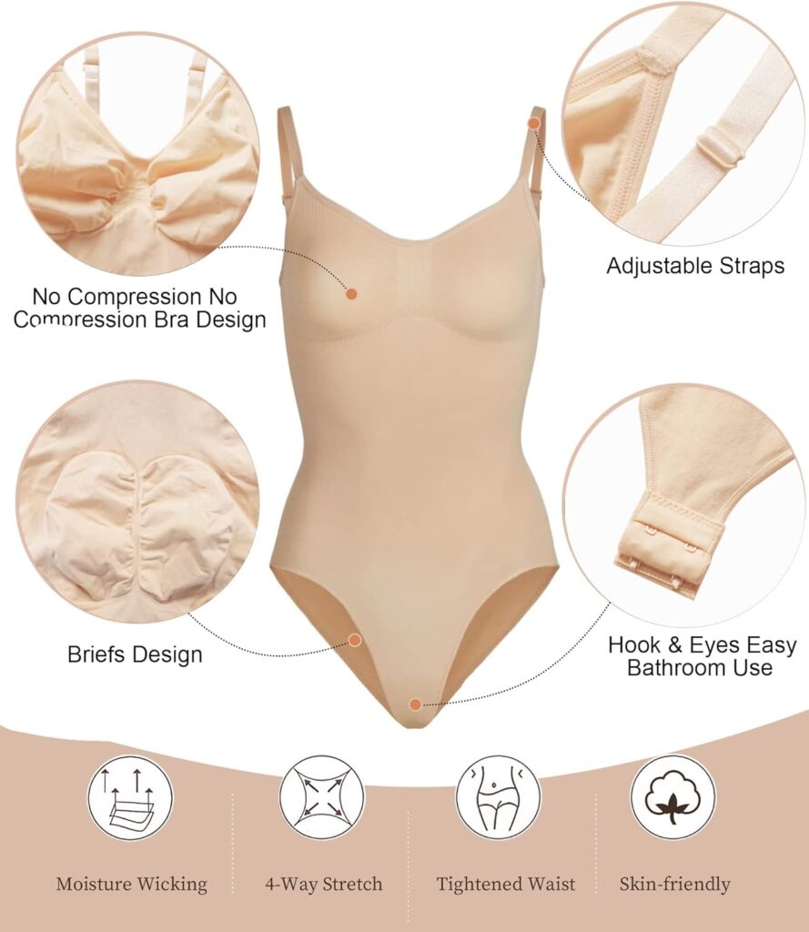 SHAPERX Women Bodysuit Tummy Control Shapewear Seamless Sculpting Body Shaper Thong Adjustable Straps