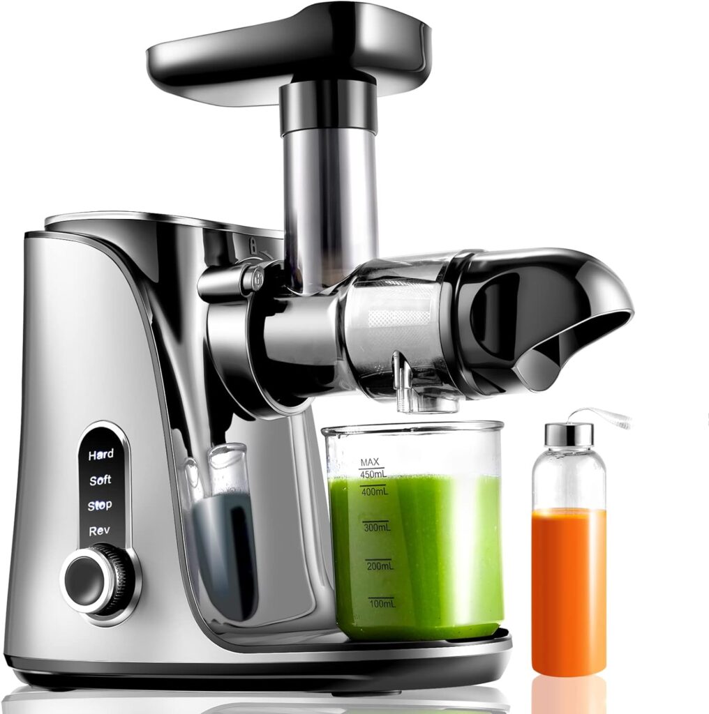 AMZCHEF Cold Press Juicer with 2 Speed Control - High Juice Yield Juicer Machines with Ultradense Filter - Masticating Slow Juicer for Whole Fruit and Vegetable - 1 Bottle and 2 Cups - Silver [Energy Class A+++]