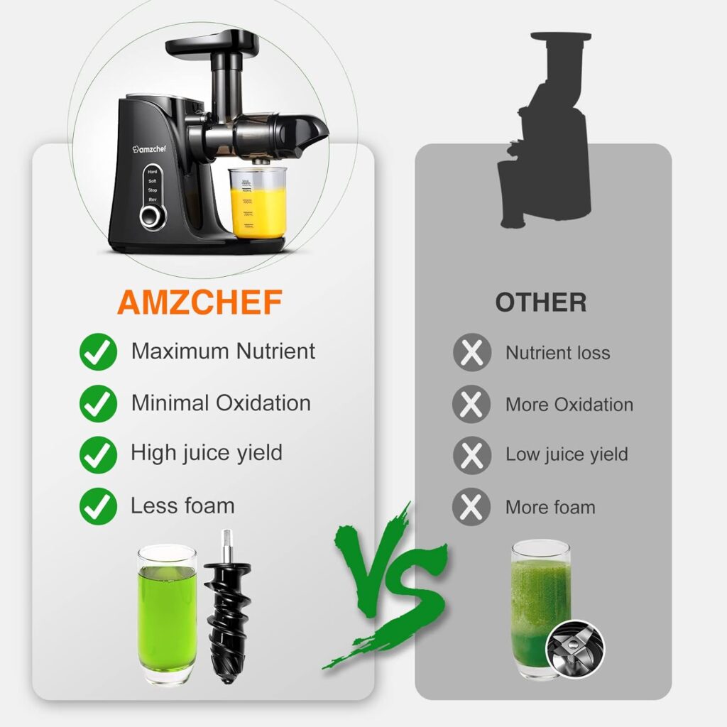 AMZCHEF Cold Press Juicer with 2 Speed Control - High Juice Yield Juicer Machines with Ultradense Filter - Masticating Slow Juicer for Whole Fruit and Vegetable - 1 Bottle and 2 Cups - Silver [Energy Class A+++]