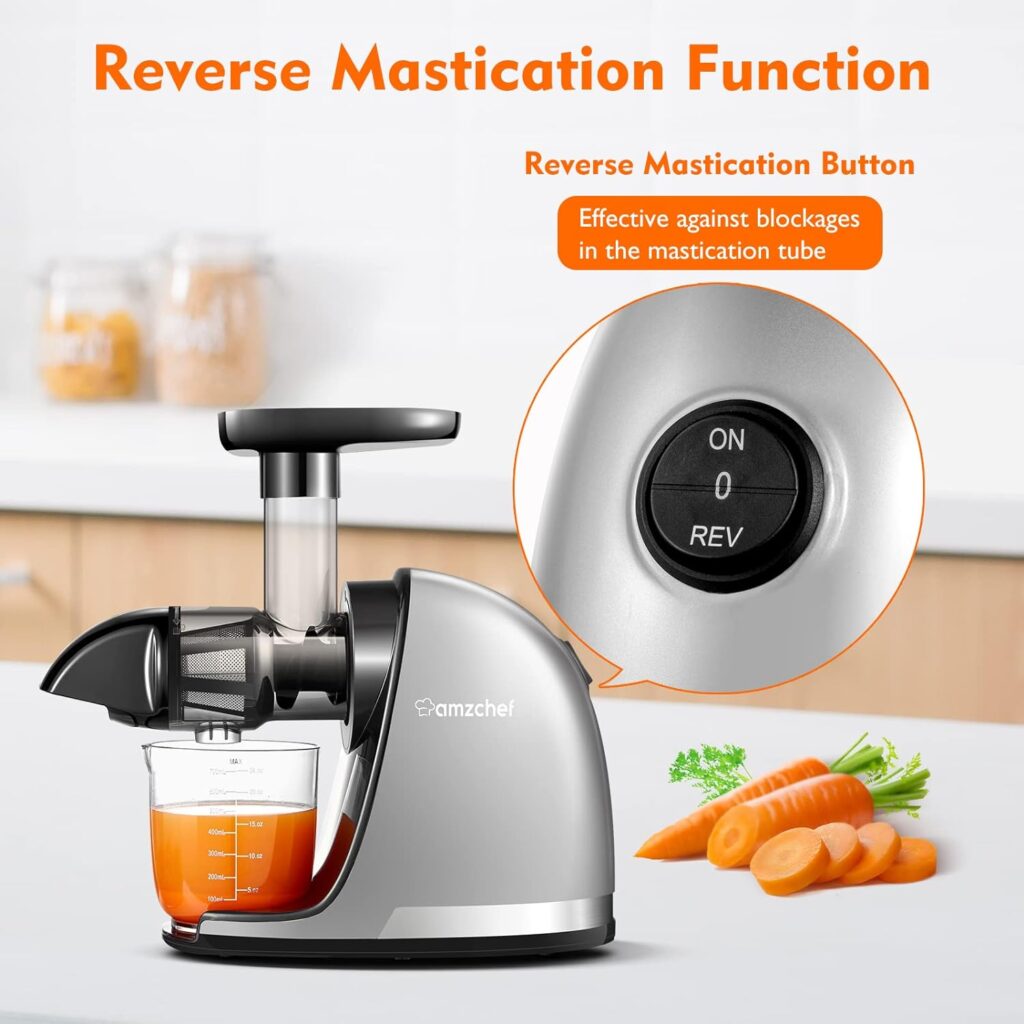 AMZCHEF Juicer Machines - Cold Press Slow Juicer - Masticating Juicer for Whole Fruits and Vegetables - Delicate Chew No Need to Filter - BPA Free Juice Extractor with 2 Cups and Brush - Grey [Energy Class A+++]