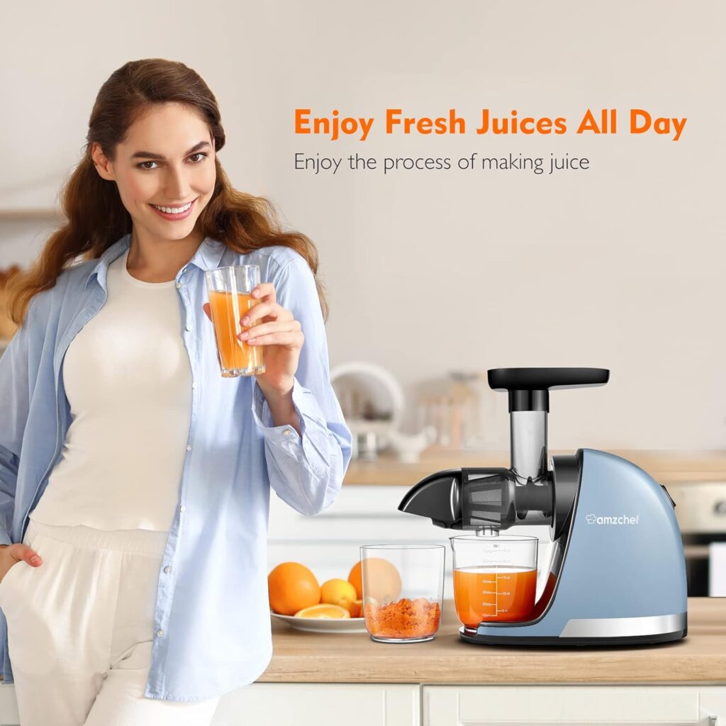 AMZCHEF Juicer Machines - Cold Press Slow Juicer - Masticating Juicer for Whole Fruits and Vegetables - Delicate Chew No Need to Filter - BPA Free Juice Extractor with 2 Cups and Brush - Grey [Energy Class A+++]