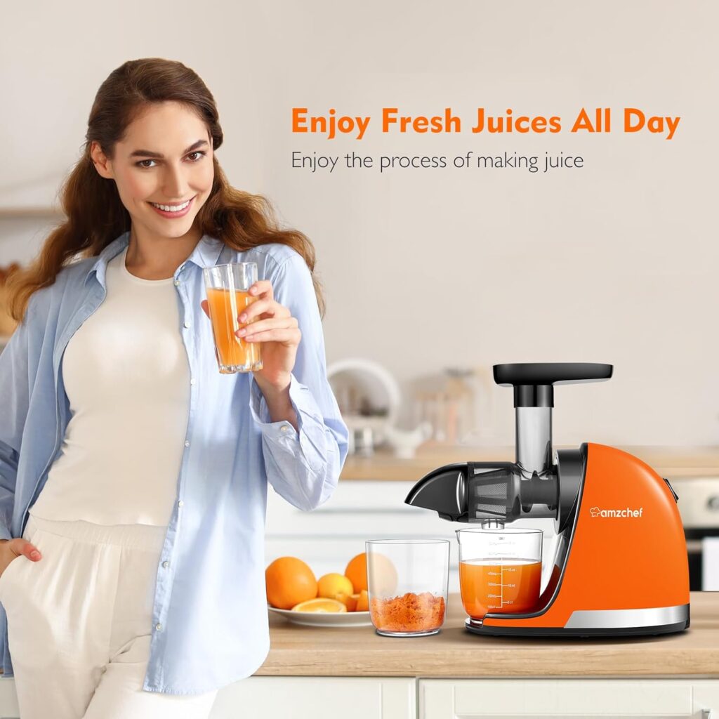 AMZCHEF Juicer Machines - Cold Press Slow Juicer - Masticating Juicer for Whole Fruits and Vegetables - Delicate Chew No Need to Filter - BPA Free Juice Extractor with 2 Cups and Brush - Grey [Energy Class A+++]