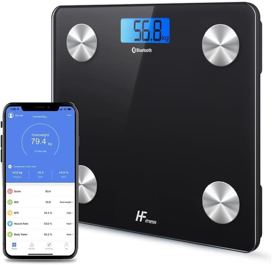 Bluetooth Body Fat Scale Digital Bathroom Scales iOS Android app Wireless Body Composition Monitor for Body Weight Body Fat, BMI, Water, Muscle Mass Bone (Black With Blue Backlit)