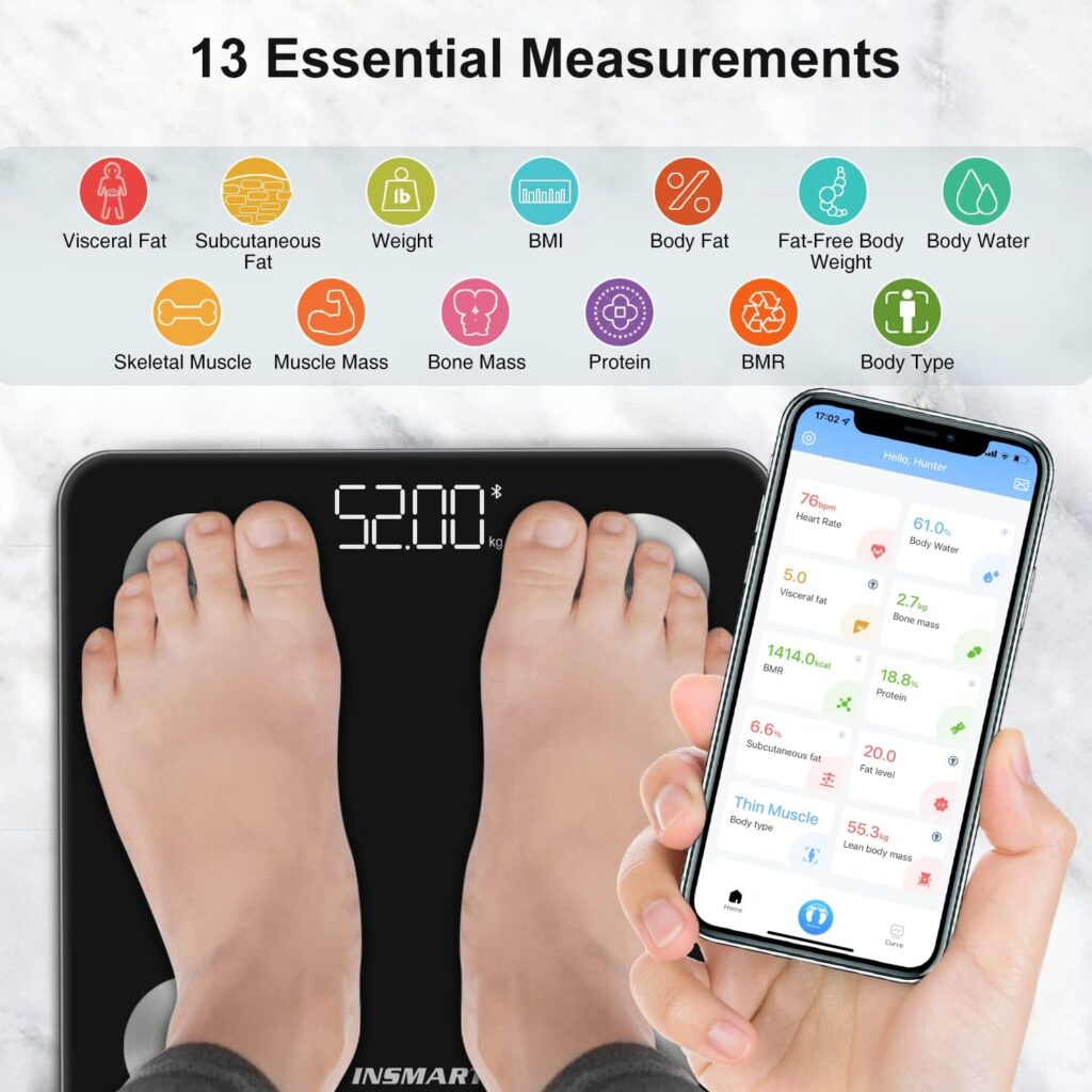 Bluetooth Body Fat Scales, INSMART Smart Digital Bathroom Weight Weighing Scales for Body Composition Analyzer with Smart APP, Body Composition Fitbit Scales for Fitness (ST/LB/KG) (Gray)