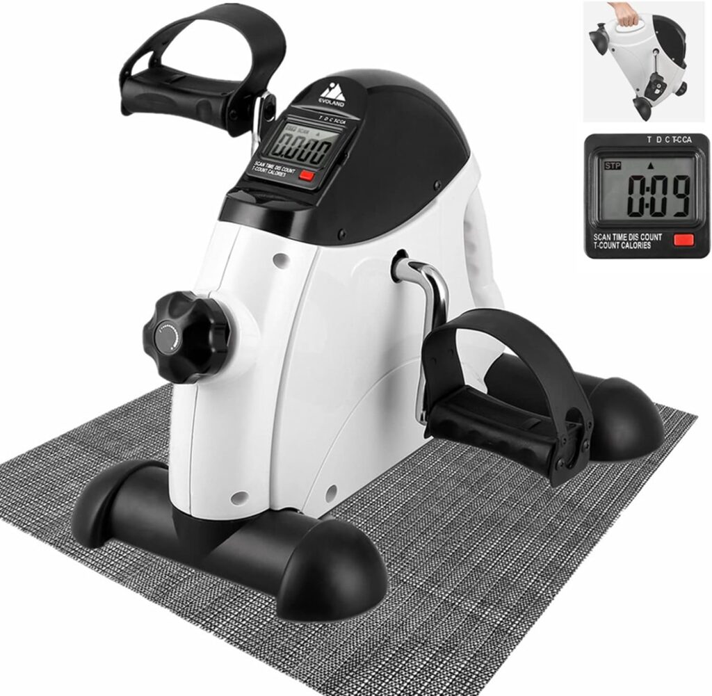 EVOLAND Mini Exercise Bike, Under Desk Bike Pedal Exerciser with Handle| Adjustable Resistance| LCD Display| Non-Slip Mat, Home and Office Workout Fitness Training for Unisex and Elderly