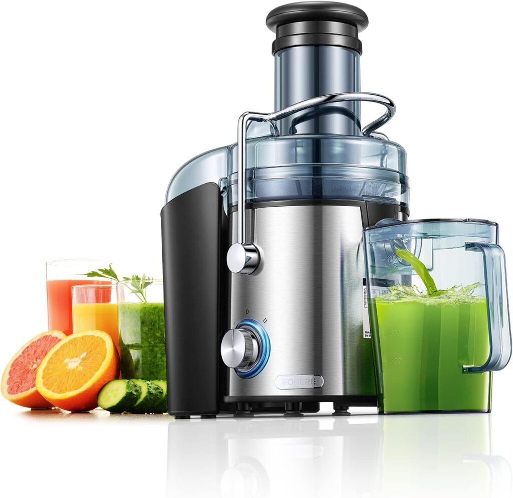 Juicer Machines FOHERE 800W Juicers Whole Fruit and Vegetable Easy to Clean, Stainless Steel Juice Maker with 75MM Large Feed Chute, Dual Speed Setting and Non-Slip Feet, Silver