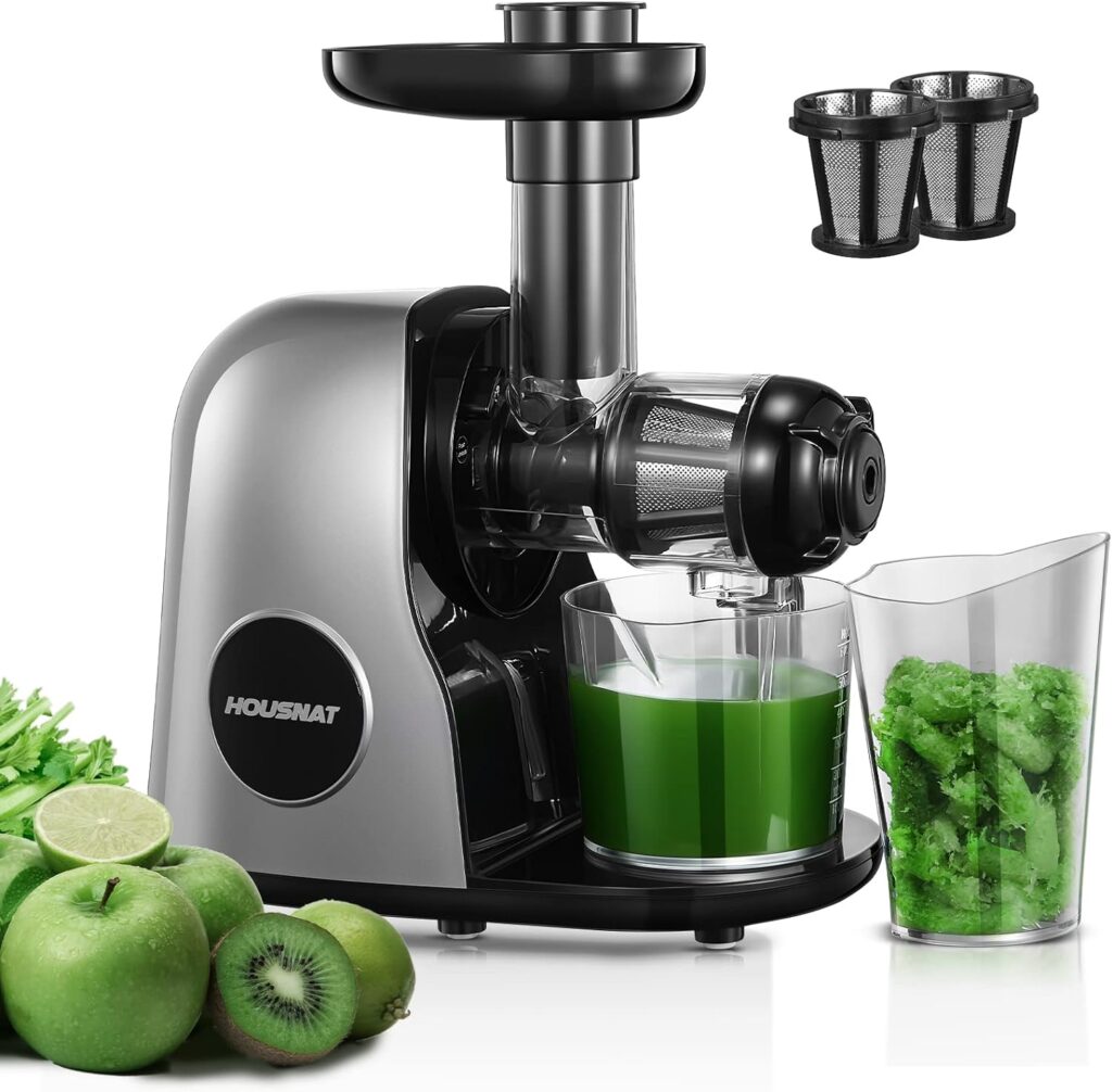 Juicer Machines, HOUSNAT Slow Masticating Juicers Whole Fruit and Vegetable, Professional Cold Press Juicer Extractor with Quiet Motor and Reverse Function Easy to Clean, Brush Recipes Included