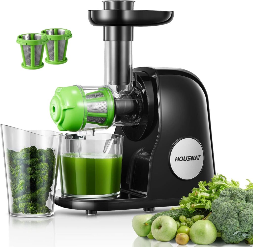 Juicer Machines, HOUSNAT Slow Masticating Juicers Whole Fruit and Vegetable, Professional Cold Press Juicer Extractor with Quiet Motor and Reverse Function Easy to Clean, Brush Recipes Included