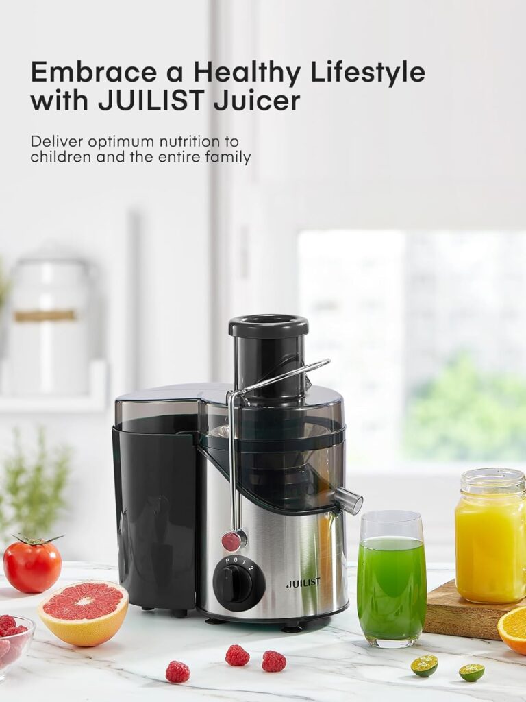 Juicer Machines Juilist, Centrifugal Juicers Whole Fruit and Vegetable with 3 Speed Setting, Big Mouth Large 65MM Feed Chute Juice Extractor Machine, Easy to Clean, Stainless Steel, BPA Free, (silver)